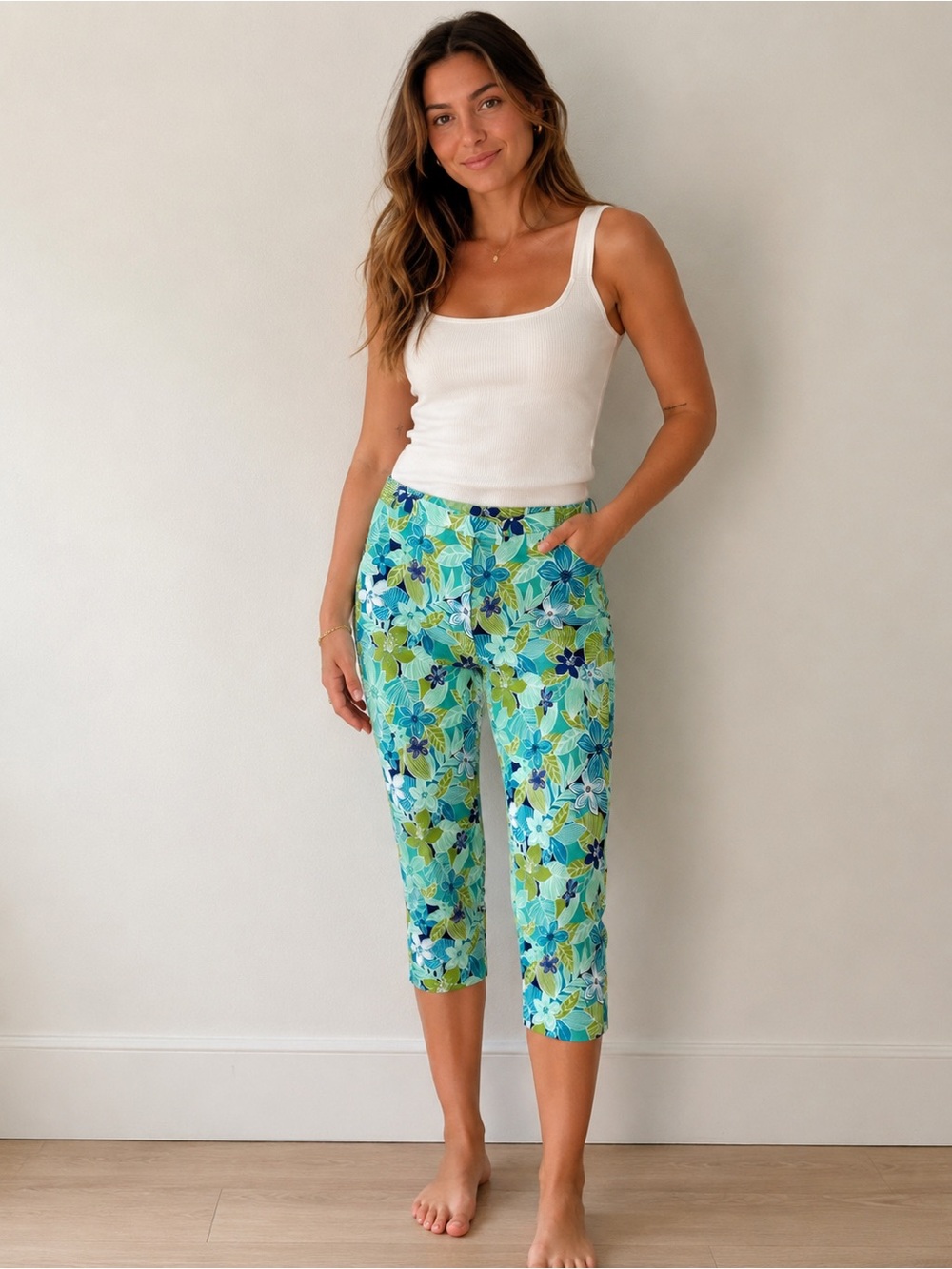 Tropical Floral Cotton Blue Green Capri Resort Cruise Vacation Crop - Size 8